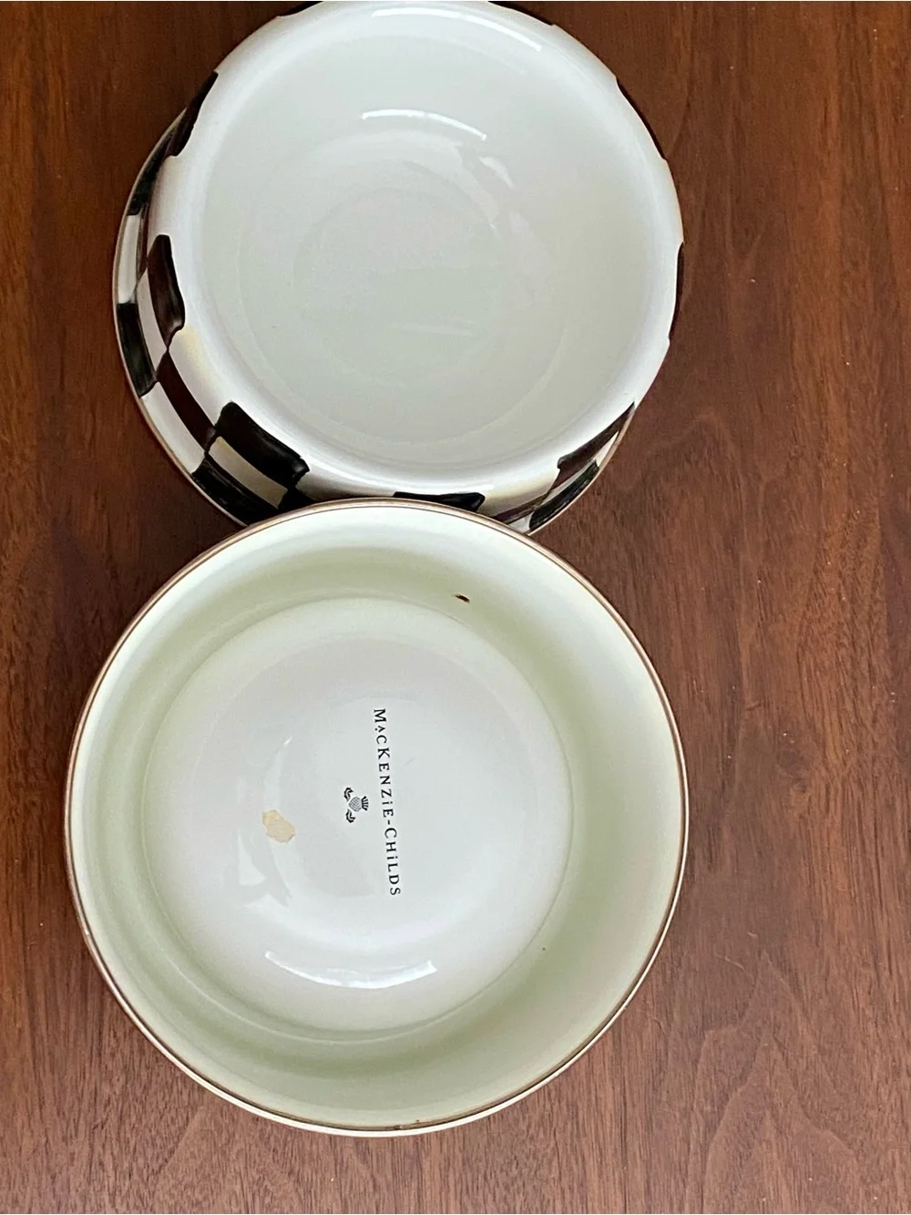 MacKenzie Childs Ceramic Black & White Checker Dog Bowl - Set of 2